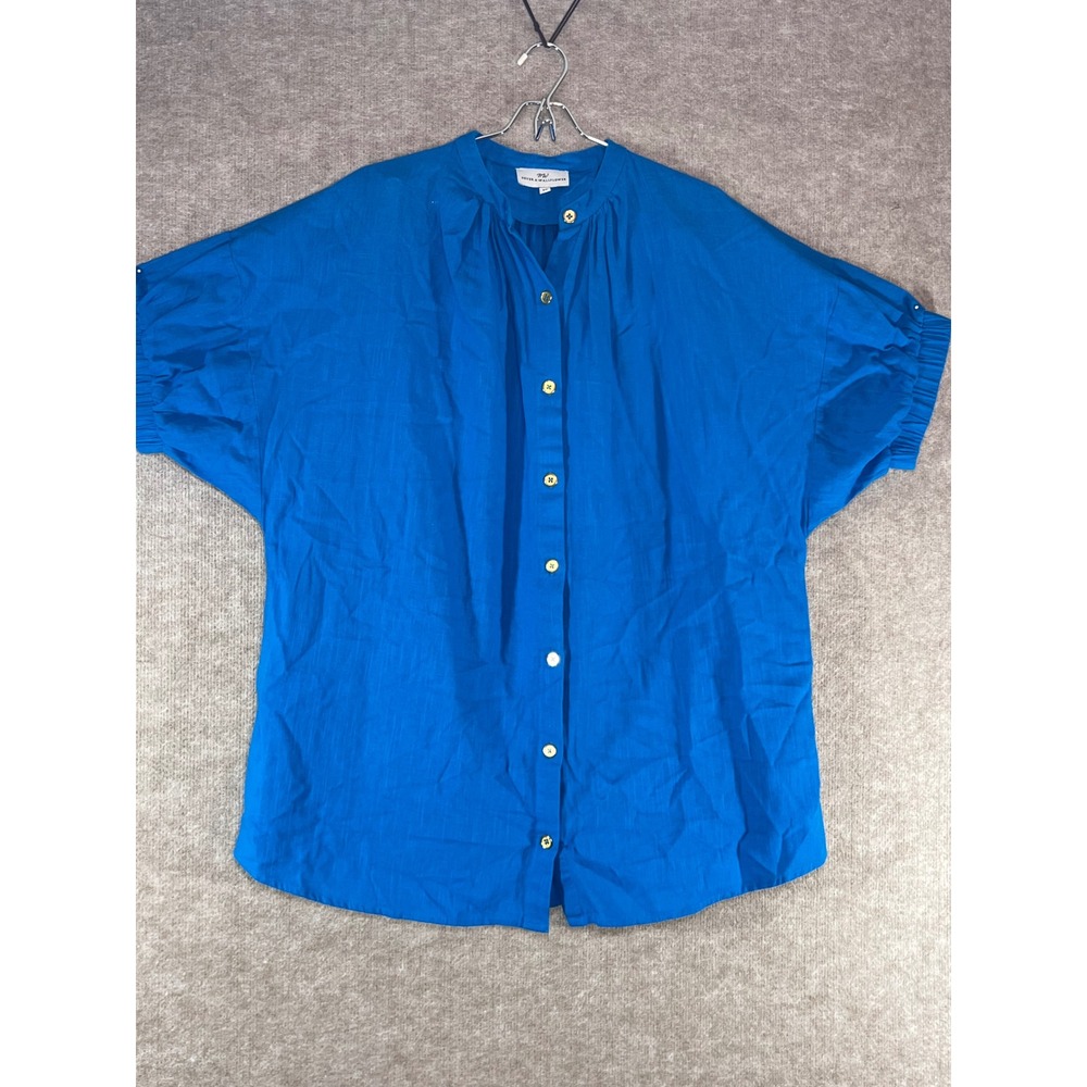 Never A Wallflower Dress Women XS Blue Cotton Oversized Tunic Mini Pockets